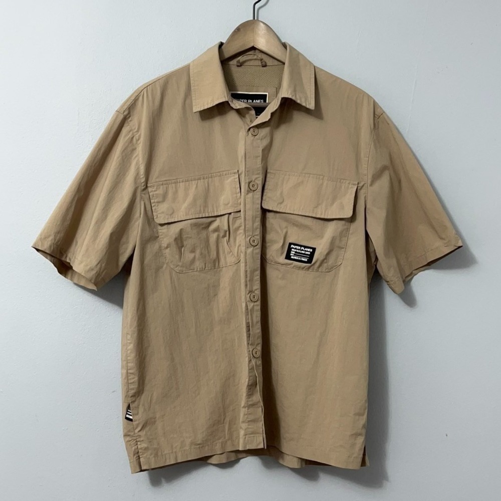 Paper Planes Utility Shirt Men Medium Khaki Short Sleeve Cotton Nylon